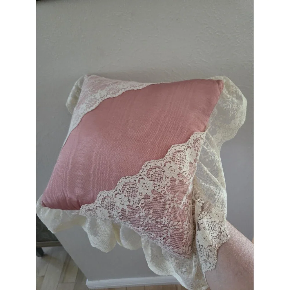 Vintage Romantic Pink Satin & Lace Pillow Victorian Accent 17x17